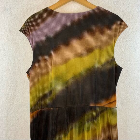 London Times Psychedelic Midi Dress Sz 14 Retro Disco Cyber Faux Wrap Office - Picture 8 of 16